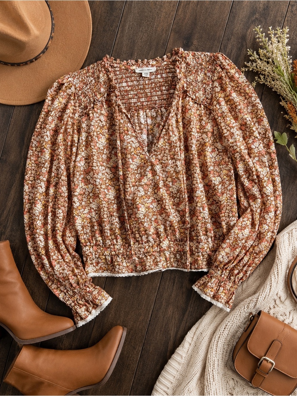 American Eagle Outfitters Rust Floral Smocked Peasant Top